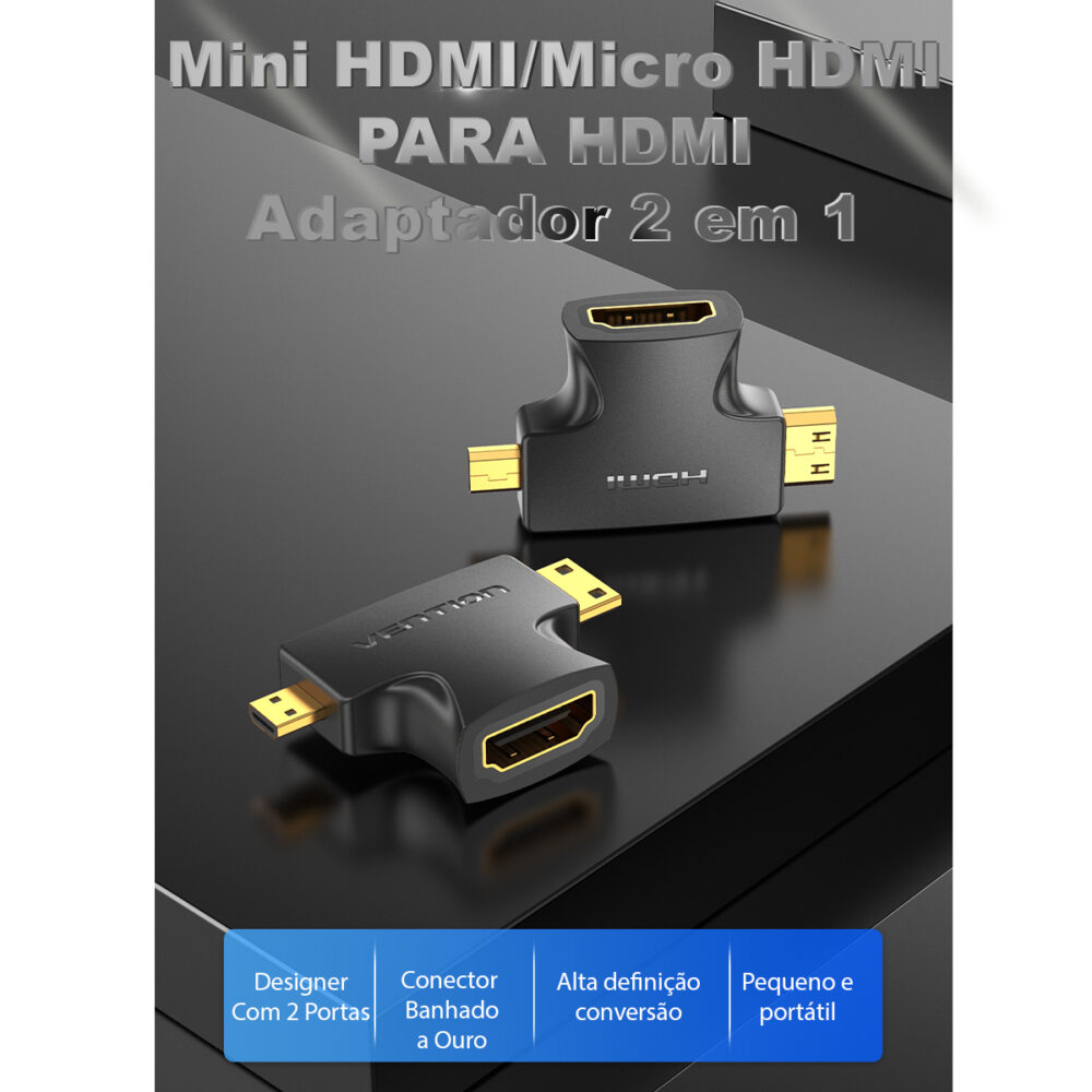 Adaptador 2 em 1 Mini HDMI + Micro HDMI para HDMI Fêmea 4K Full HD 3D - Vention - Image 2