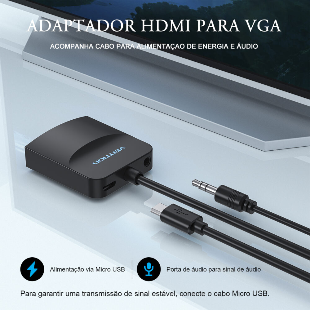 Adaptador Conversor HDMI Macho Para VGA Fêmea Com Alimentação + P2 - Image 2