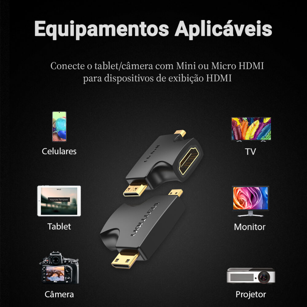 Adaptador 2 em 1 Mini HDMI + Micro HDMI para HDMI Fêmea 4K Full HD 3D - Vention - Image 4
