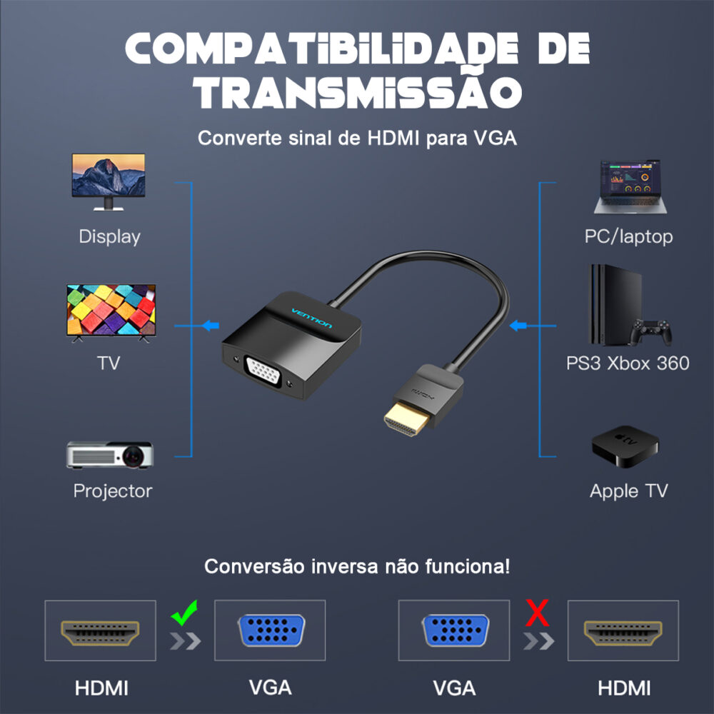Adaptador Conversor HDMI Macho Para VGA Fêmea Com Alimentação + P2 - Image 3