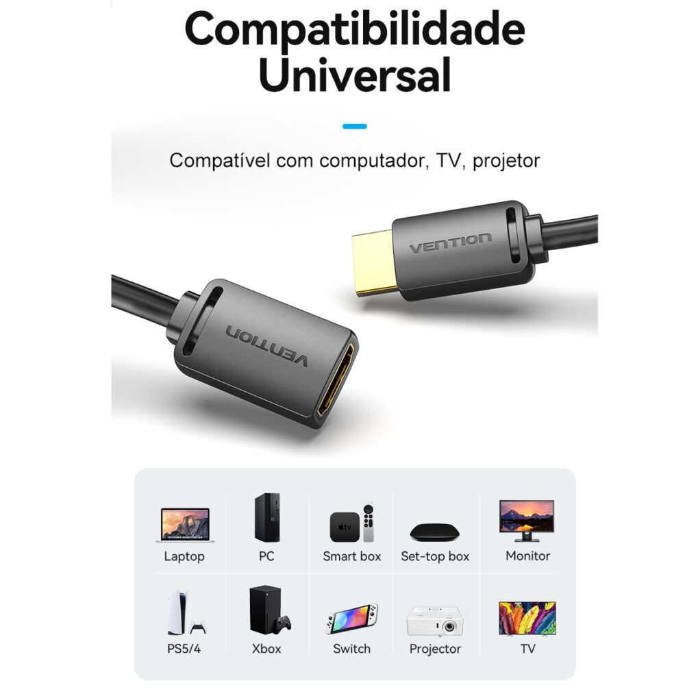 Cabo Extensor HDMI 2.0 Macho x Fêmea Vention 4K 60Hz HDR Tripla Blindagem Banhado a Ouro - Vention - Image 8