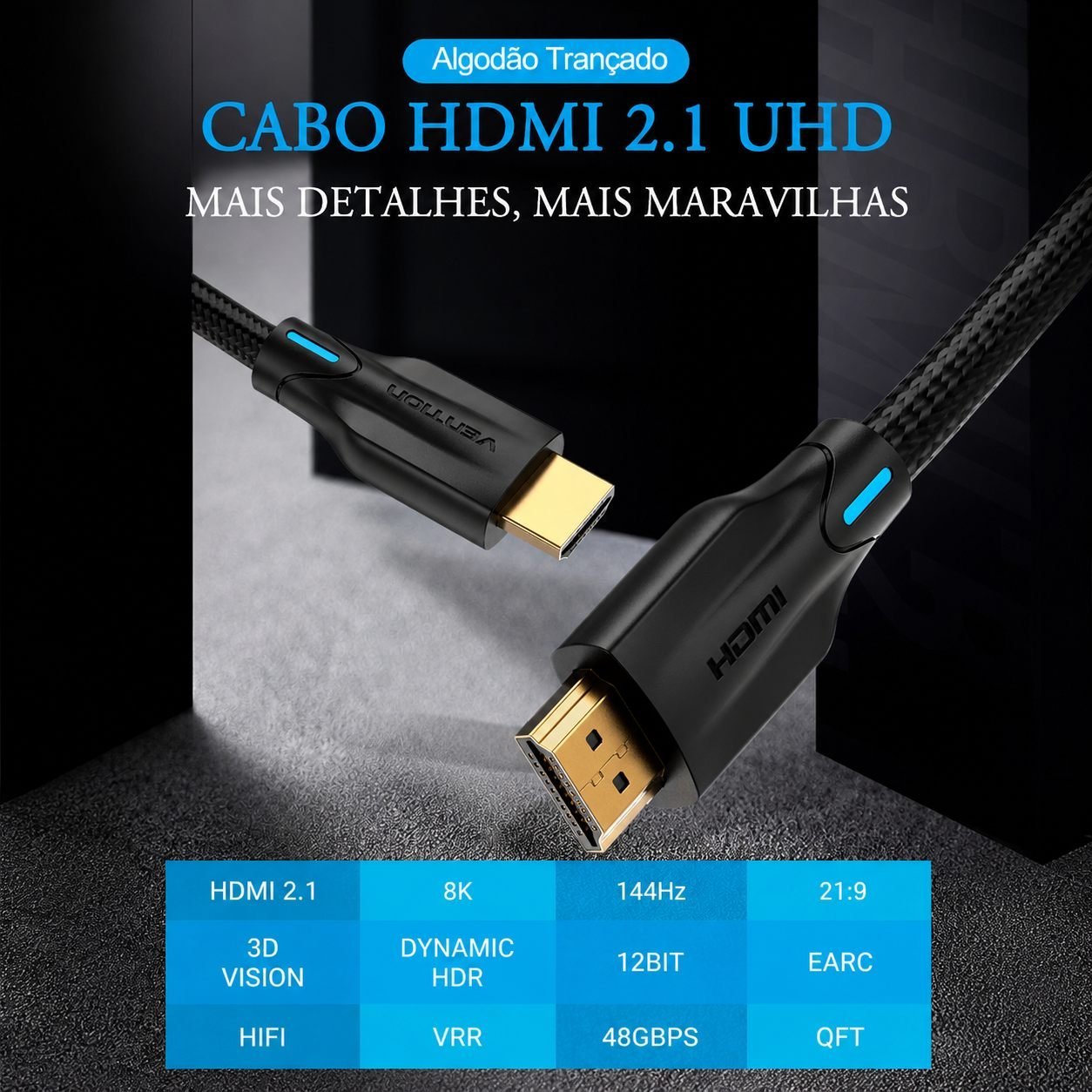 Cabo HDMI 2.1 8K 4K Ultra Speed 48Gbps PC Gamer 8K@60Hz - Vention - Imagem 2