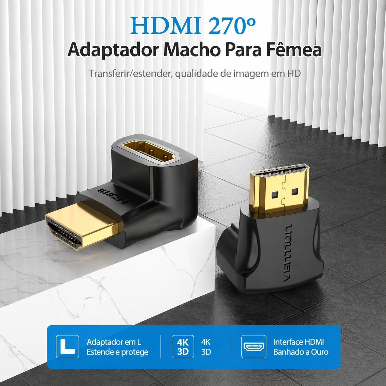 Adaptador HDMI 270º em L 4K 60Hz Cotovelo TV Painel Notebook - Vention - Imagem 8