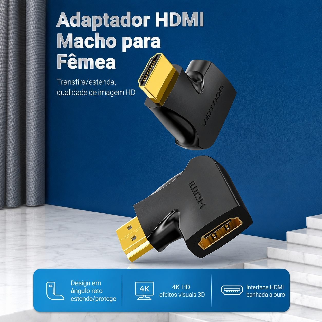 Adaptador HDMI Cotovelo 90º Macho x Fêmea 2.0 para TV Painel - Vention - Imagem 2