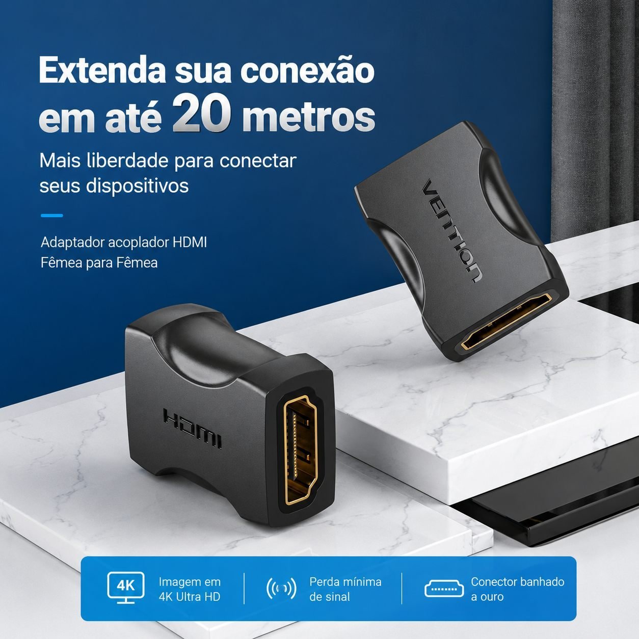 Adaptador Fêmea Emenda Cabo HDMI 2.0 4K 60Hz 3D Ouro - Vention - Imagem 2