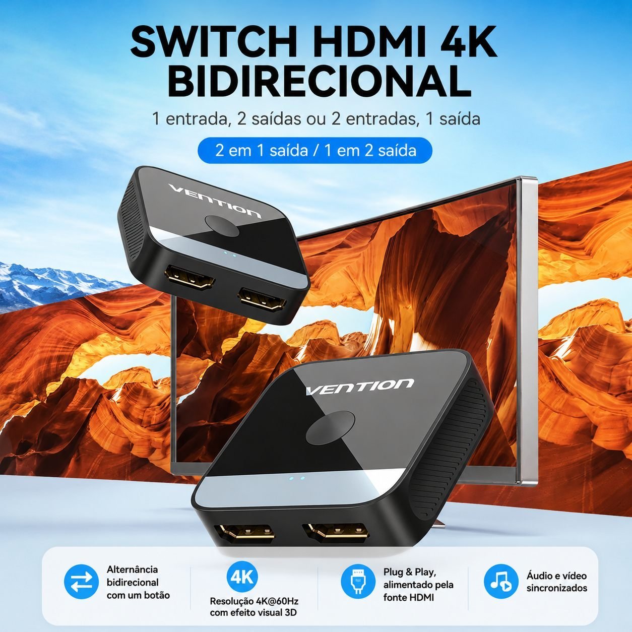 Divisor de Sinal HDMI com Switch 2x1 Áudio Vídeo UHD 4K@60Hz - Vention - Imagem 5
