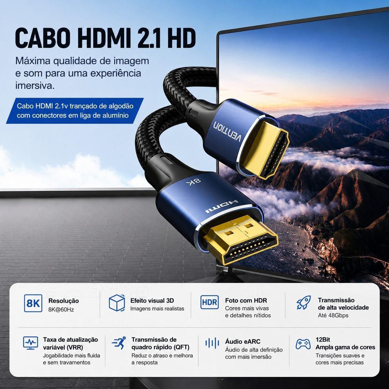 Cabo HDMI 2.1 8K 4K Ultra Speed 48Gbps PC Gamer ALG - Vention - Imagem 2