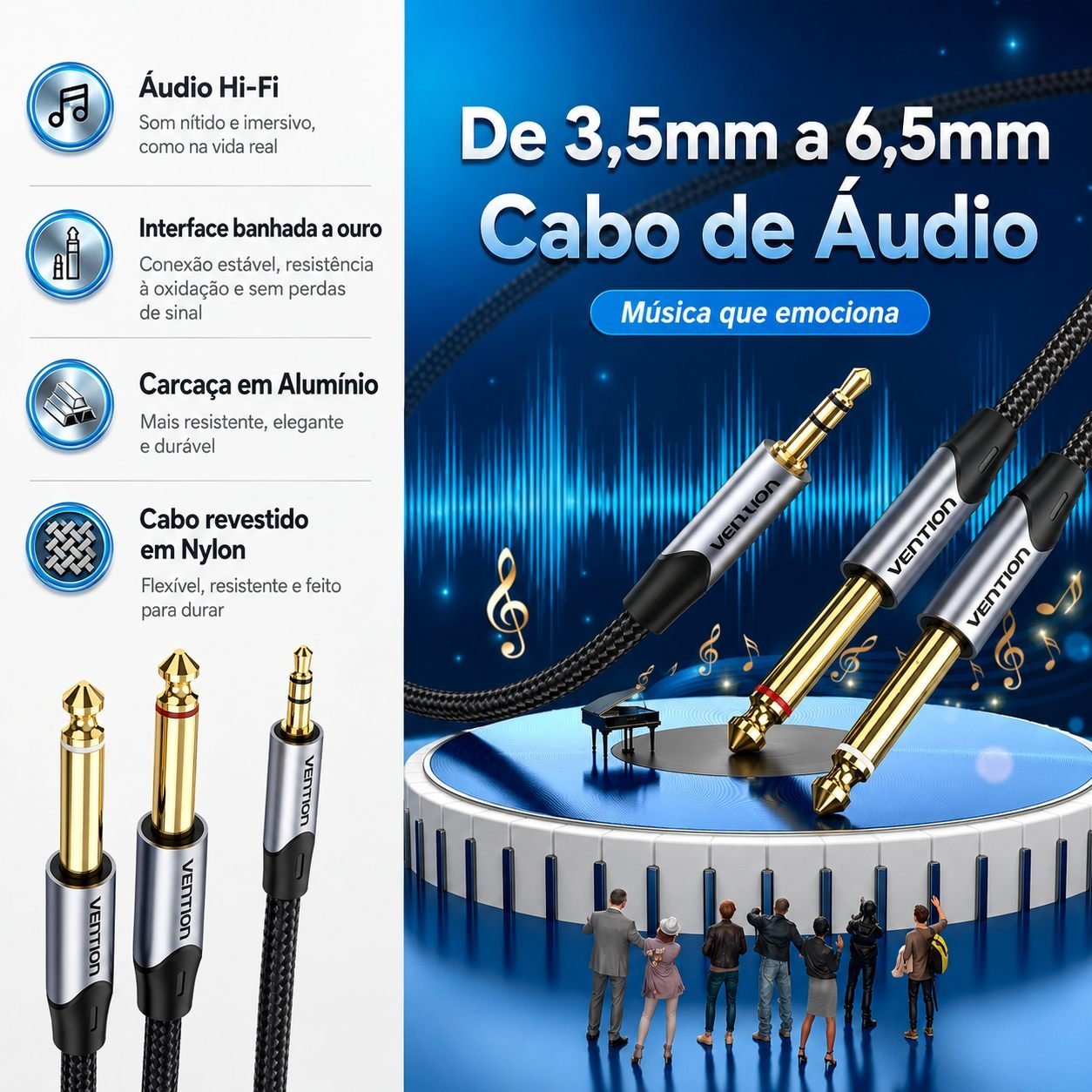 Cabo Áudio P2 Estéreo x 2 P10 Mono Profissional - Vention - Imagem 4