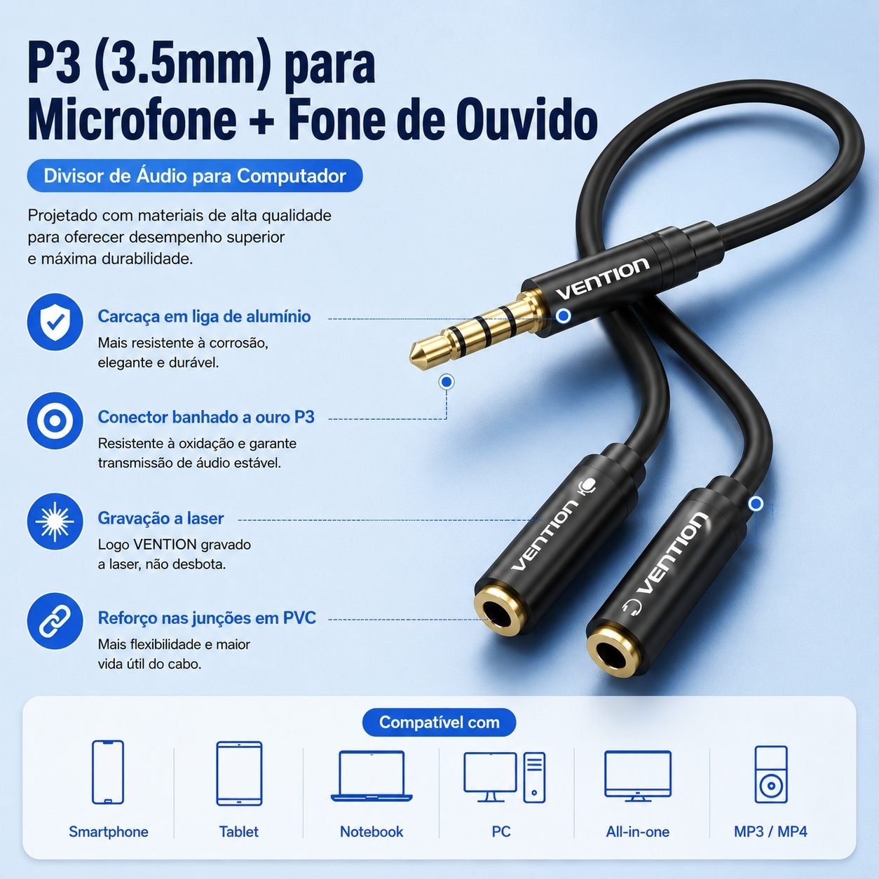 Cabo P3 Macho para Headset 2 P2 Fêmea Fone Microfone - Vention - Imagem 6