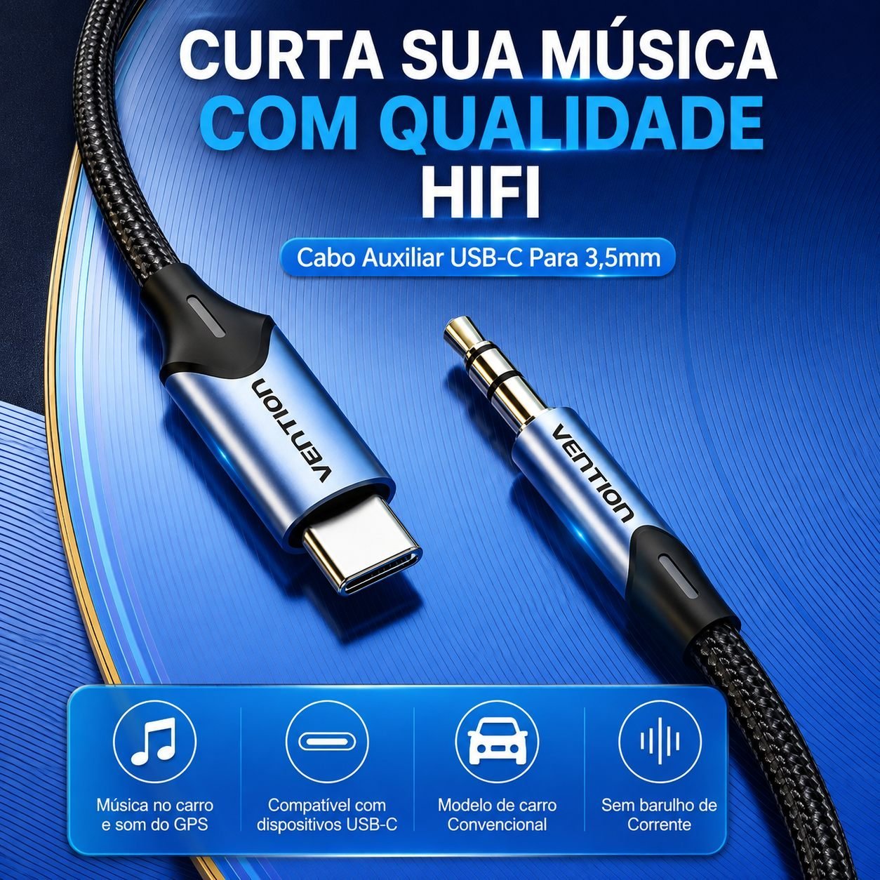 Cabo Áudio Auxiliar P2 para T Ipo C Celular Carro - Vention - Imagem 2