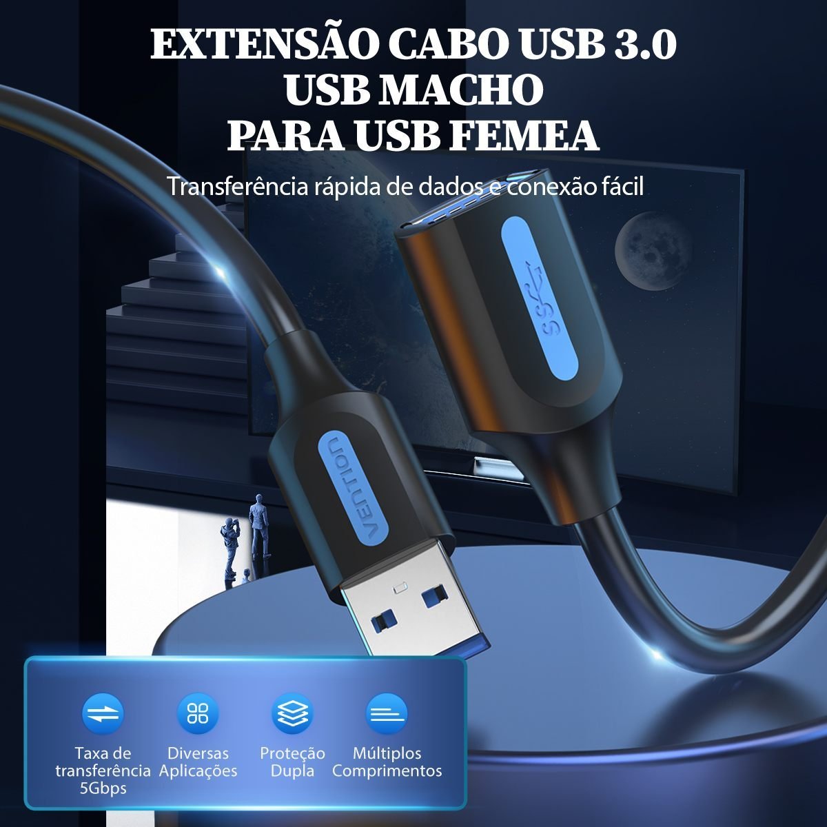 Cabo Extensão USB 3.0 Macho USB Fêmea para HD 5Gbps - Vention - Imagem 3