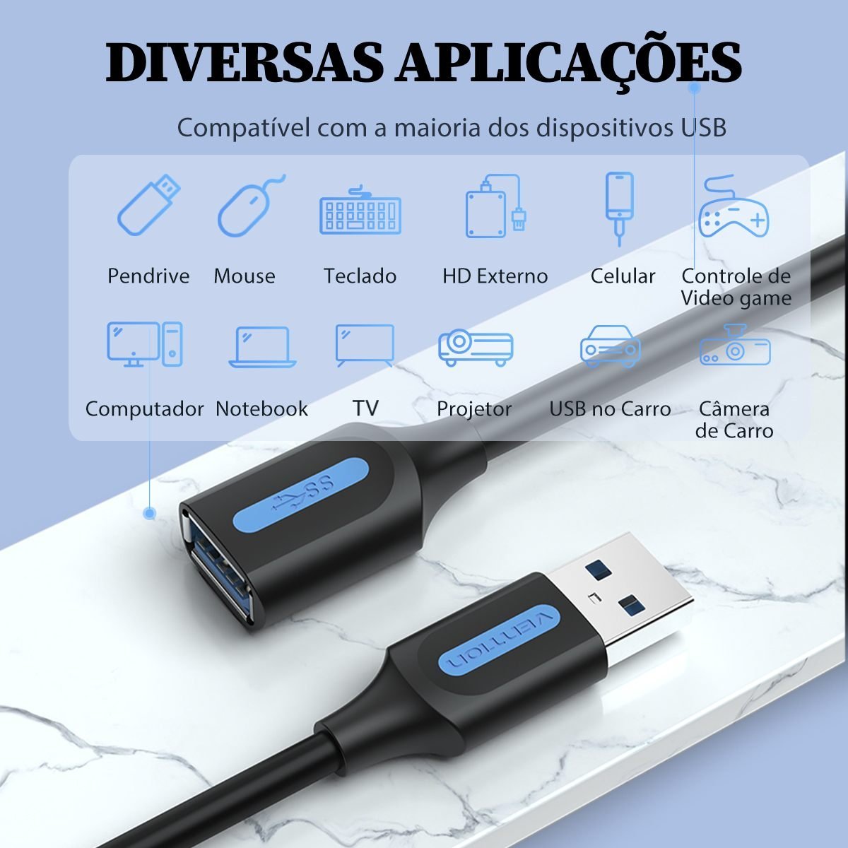 Cabo Extensão USB 3.0 Macho USB Fêmea para HD 5Gbps - Vention - Imagem 4