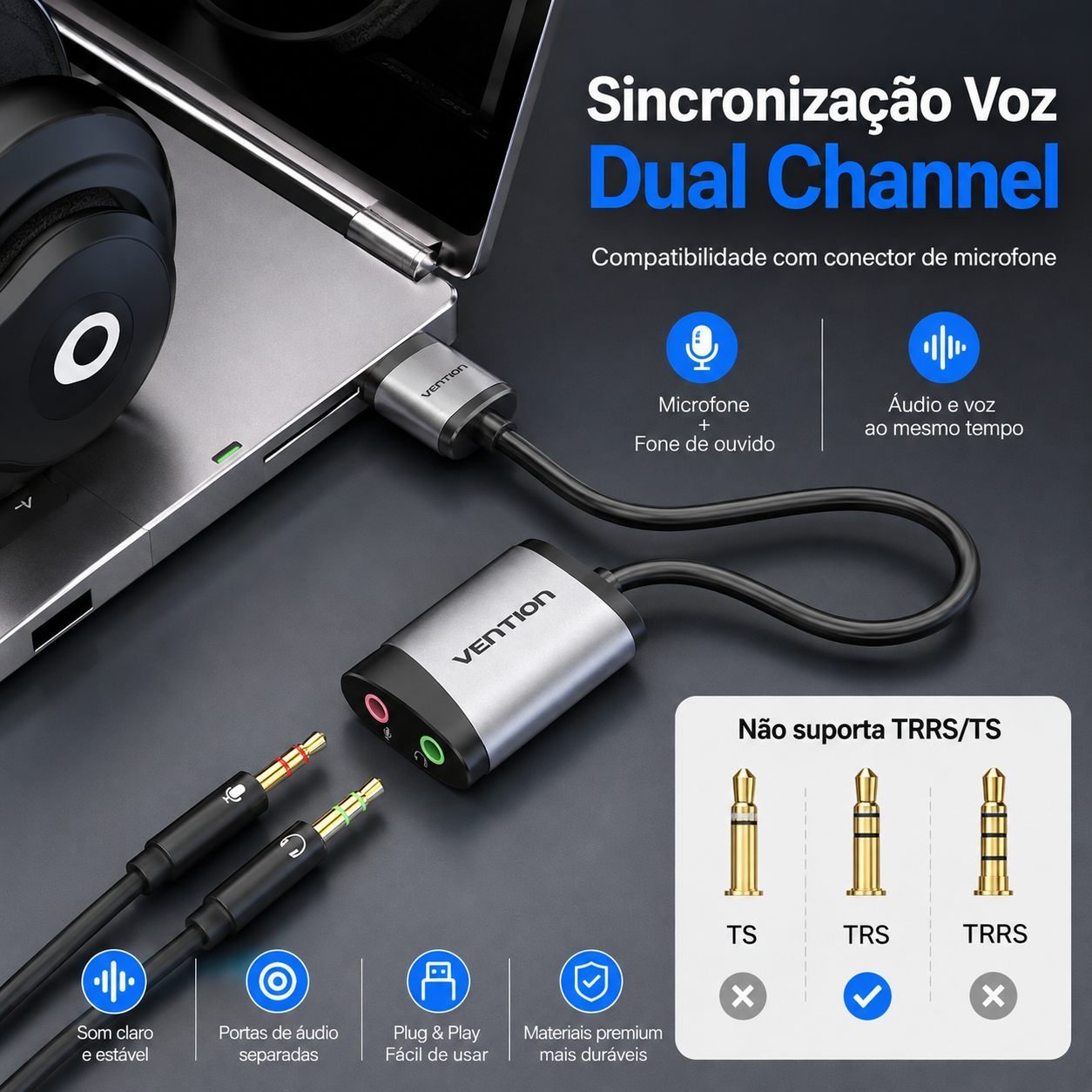 Adaptador USB para P2 Fone Microfone Placa Som - Vention - Imagem 2