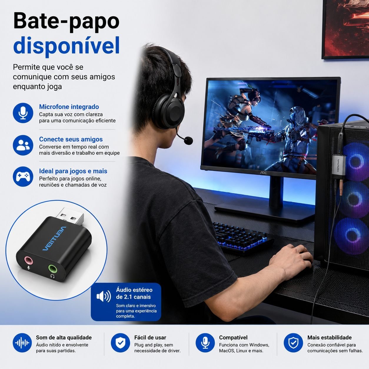 Adaptador USB para P2 Fone Microfone Placa Som - Vention - Imagem 4