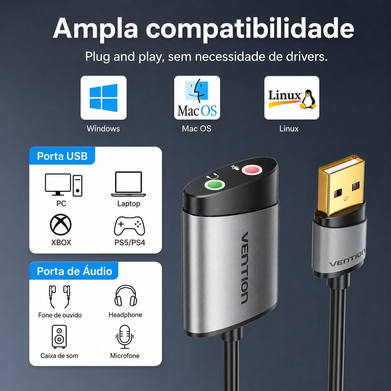 Adaptador USB para P2 Fone Microfone Placa Som - Vention - Imagem 5