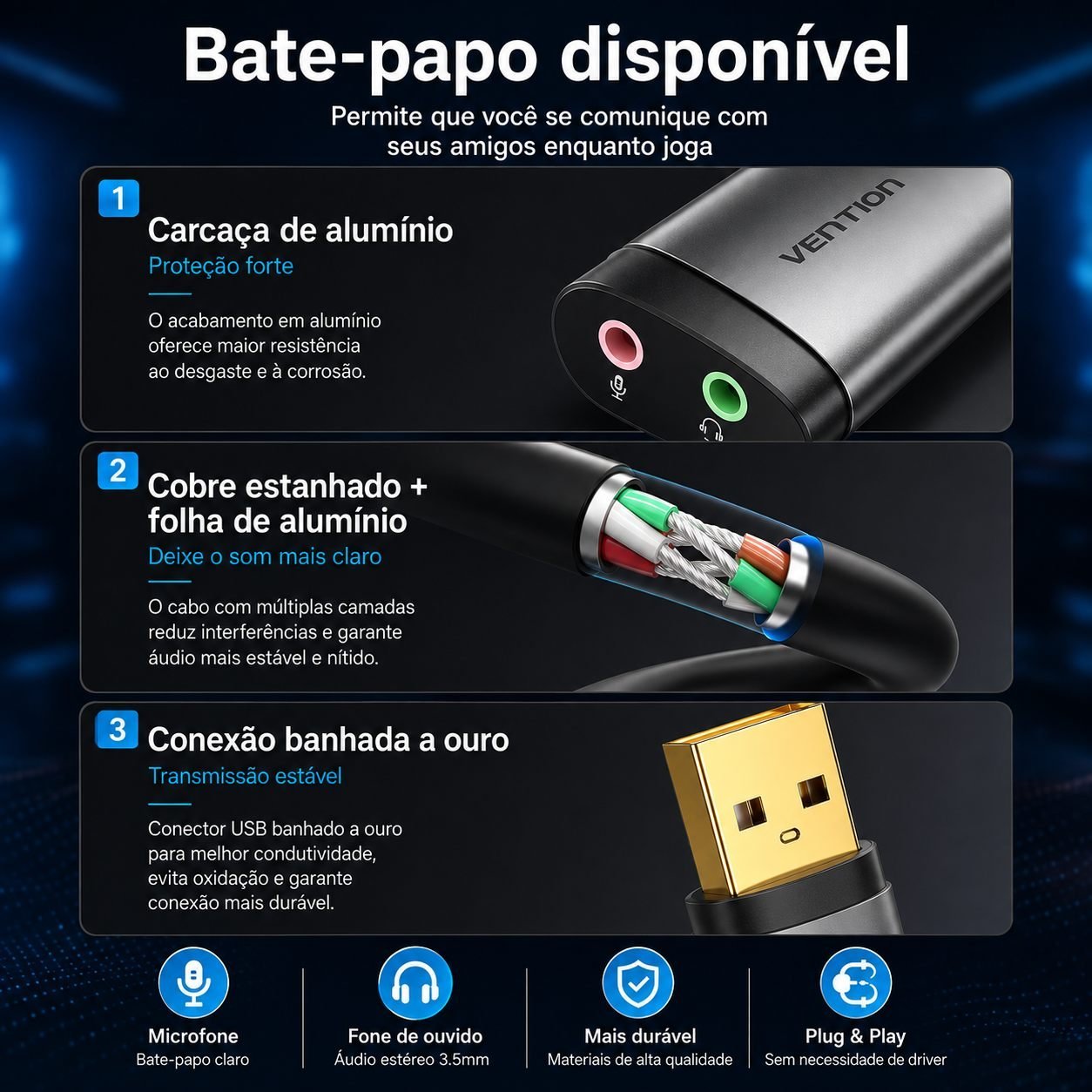Adaptador USB para P2 Fone Microfone Placa Som - Vention - Imagem 6