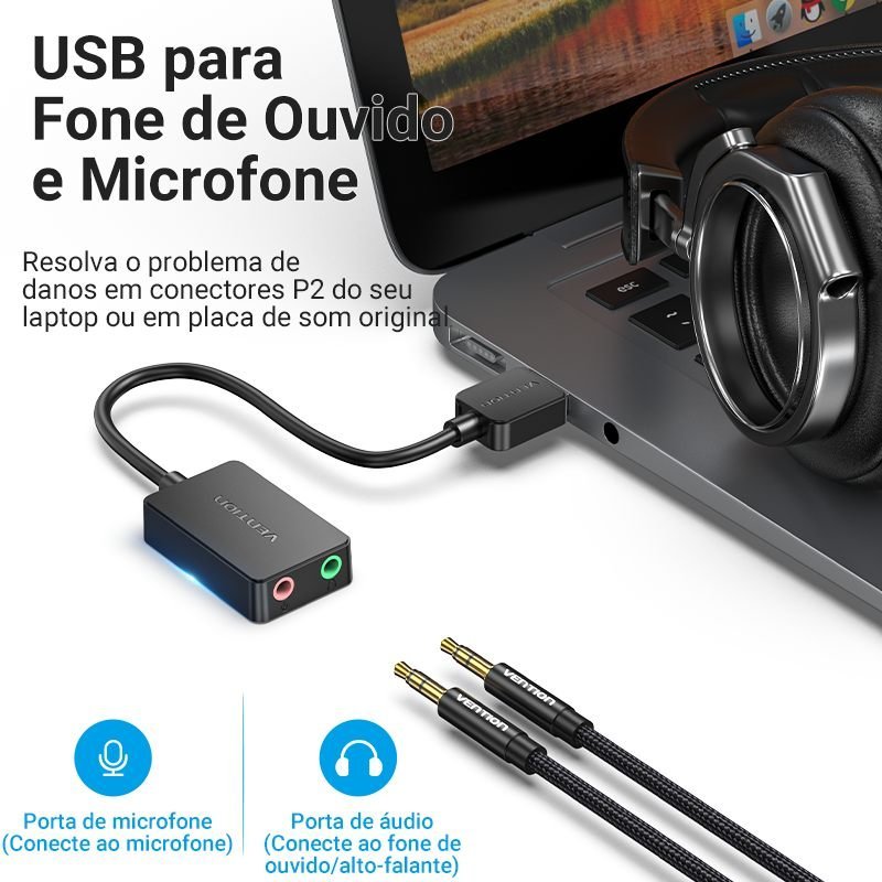Adaptador USB para P2 Fone Microfone Placa Som CDY - Vention - Imagem 4