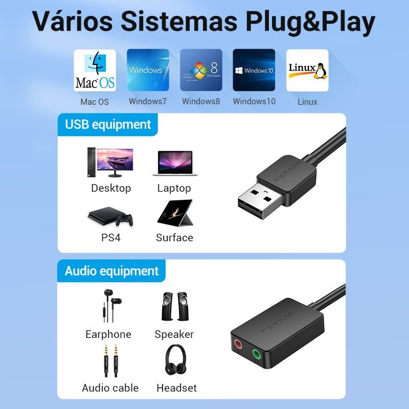Adaptador USB para P2 Fone Microfone Placa Som CDY - Vention - Imagem 9