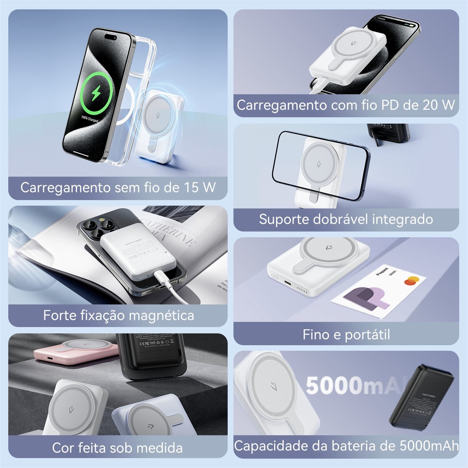 Power Bank 5000mAh USB-C Magnético Sem Fio - Vention - Imagem 4