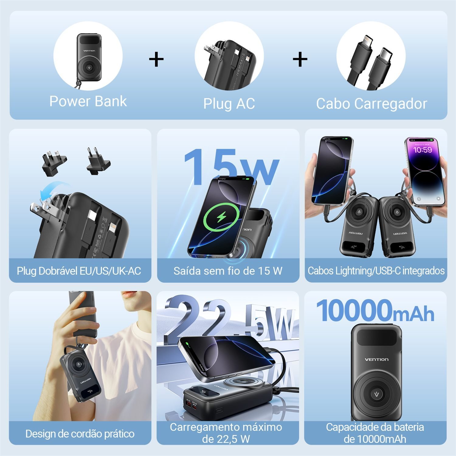 Power Bank 10000mAh 15W USB-C + USB-A Magnético Sem Fio - Vention - Imagem 3