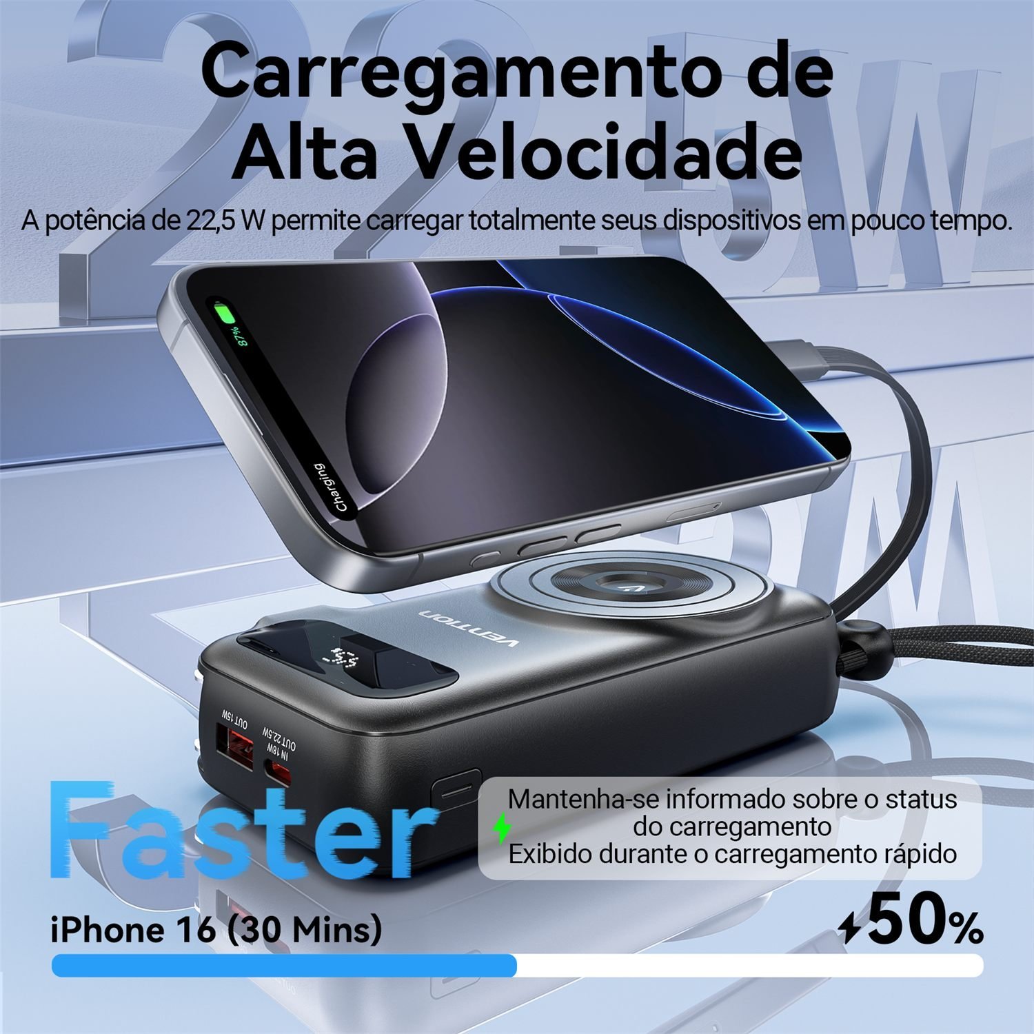 Power Bank 10000mAh 15W USB-C + USB-A Magnético Sem Fio - Vention - Imagem 5