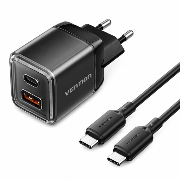Kit Carregador GaN 30W USB-C + USB-A 480Mbps Celular Tablet - Vention