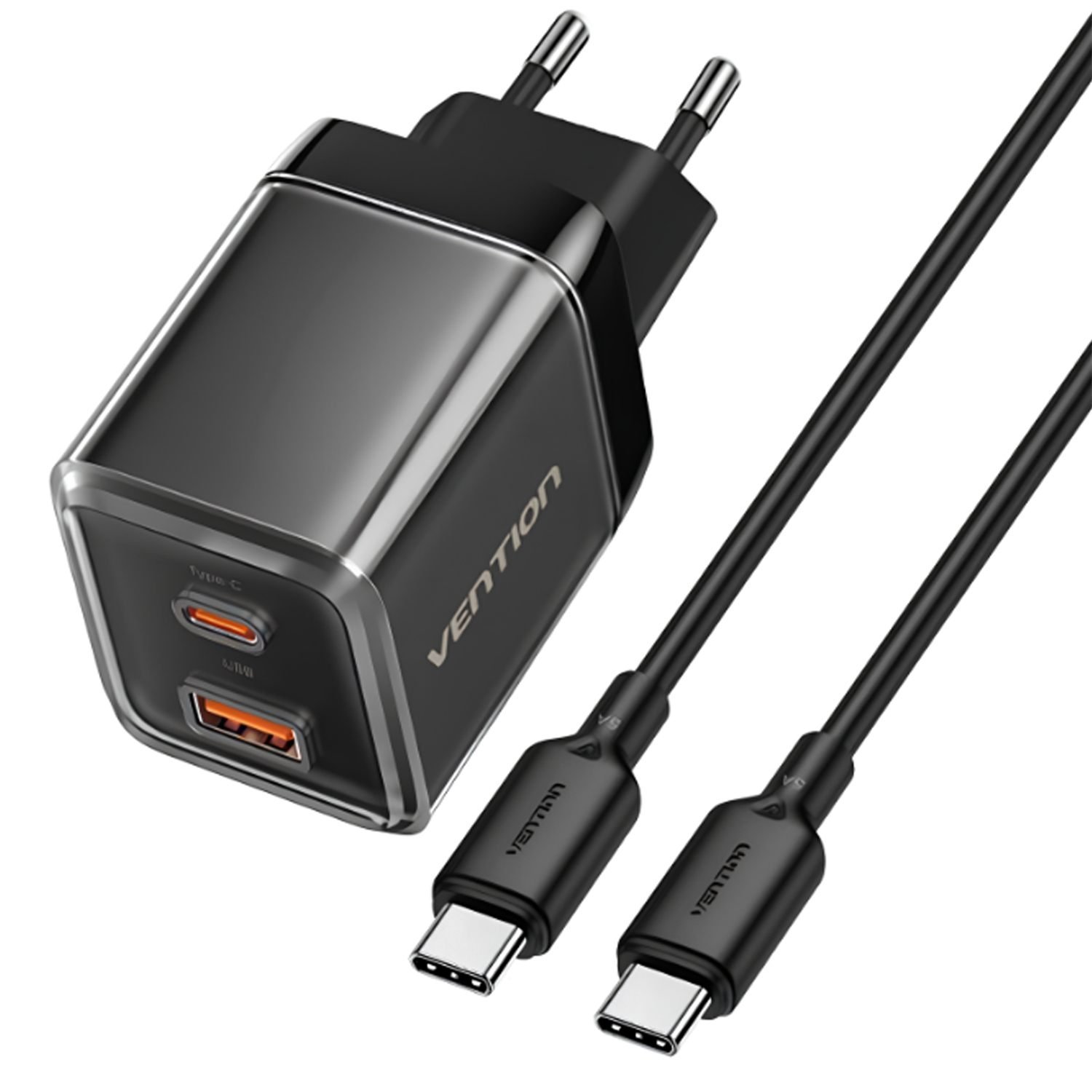 Kit Carregador GaN 70W 5W USB-C + USB-A 480Mbps Celular Tablet Notebook - Vention