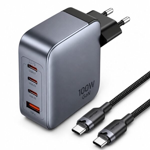 Kit Carregador GaN 100W USB-C + USB-A 480Mbps Celular Tablet Notebook - Vention