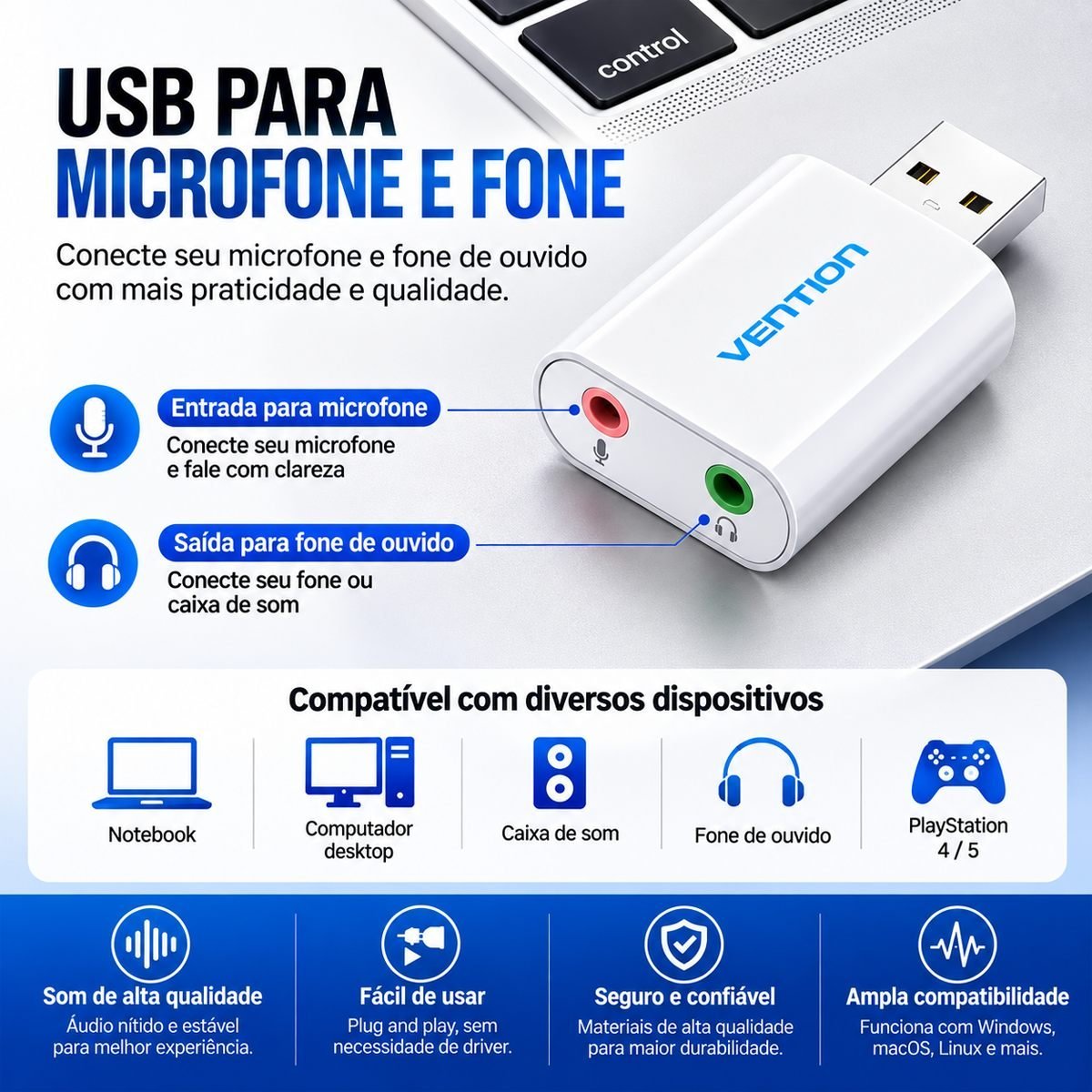 Placa de Som USB Externa Liga de Alumínio PC - Vention - Imagem 7