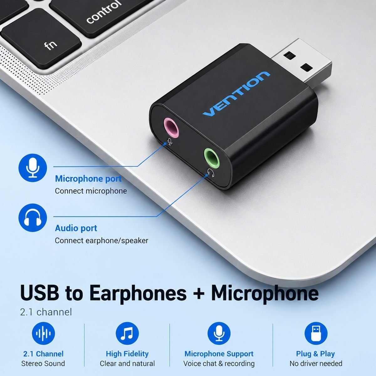 Adaptador Placa de Som USB Entrada P2 Fone e Microfone - Vention - Imagem 7