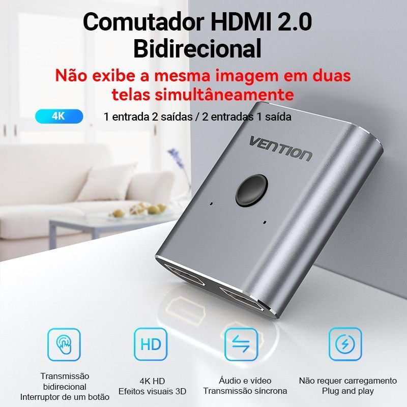 Divisor de Sinal HDMI com Switch 2x1 Áudio Vídeo UHD 4K 60Hz - Vention - Imagem 2