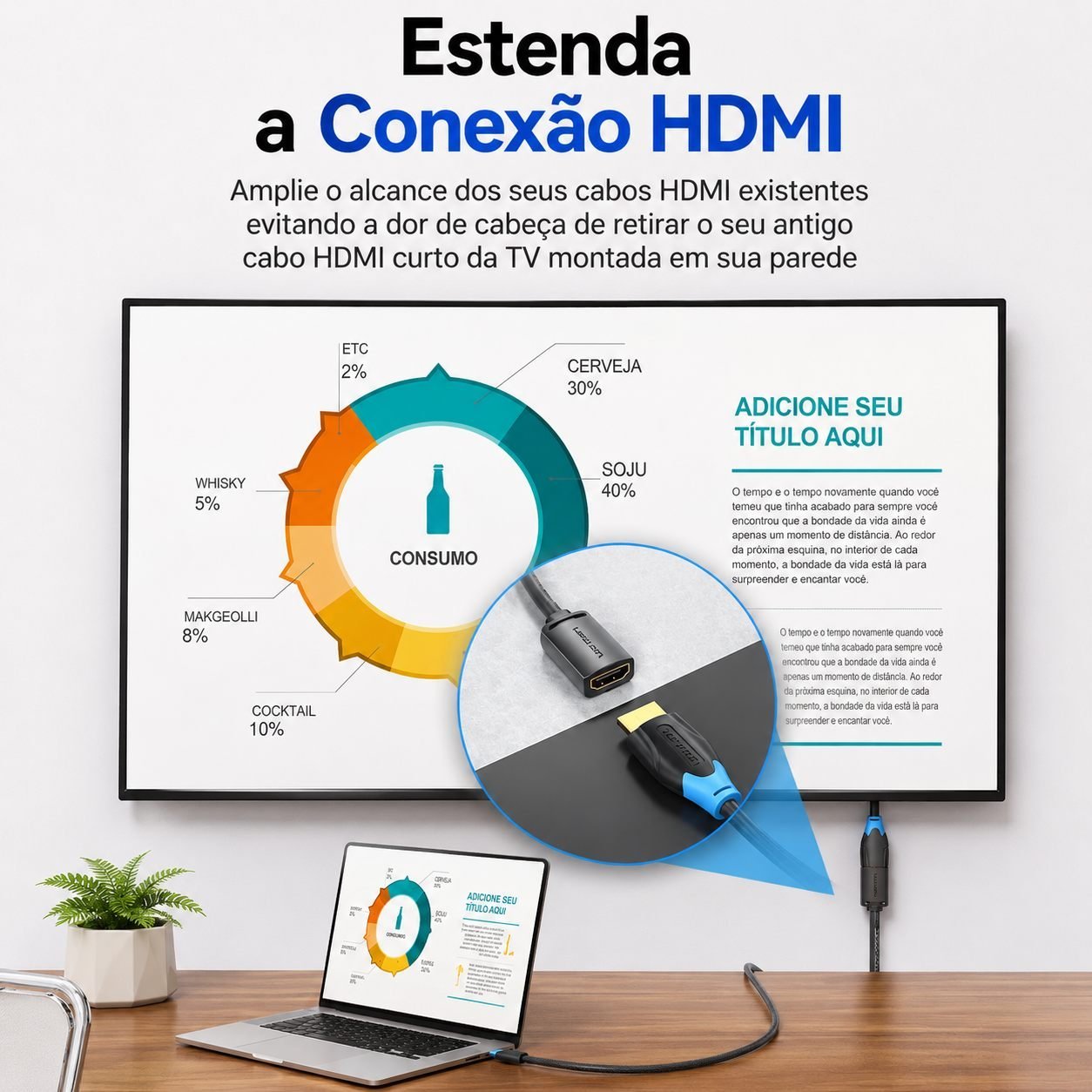 Cabo HDMI Macho x HDMI Fêmea - 2.0 Extensor 4K - Vention - Imagem 3