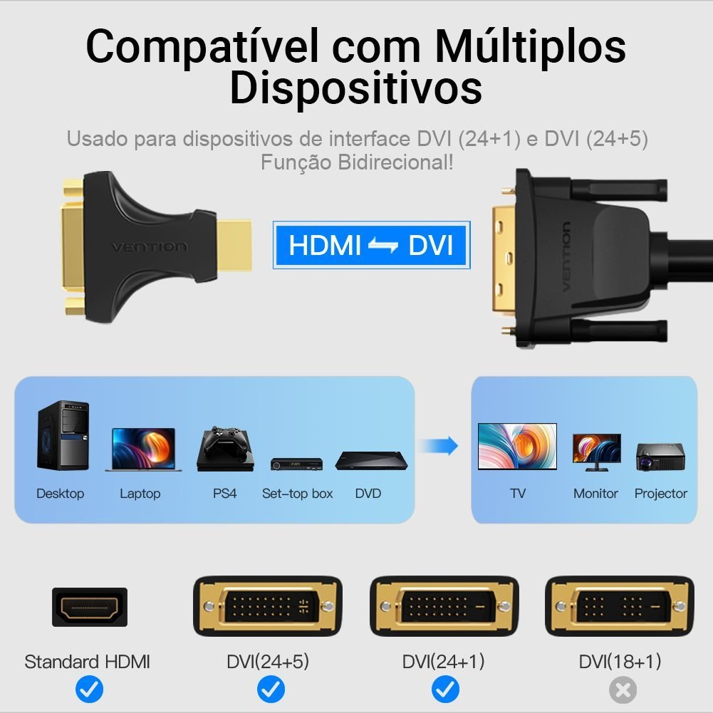 Plug Adaptador HDMI para DVI Monitor Notebook 1080p - Vention - Imagem 2