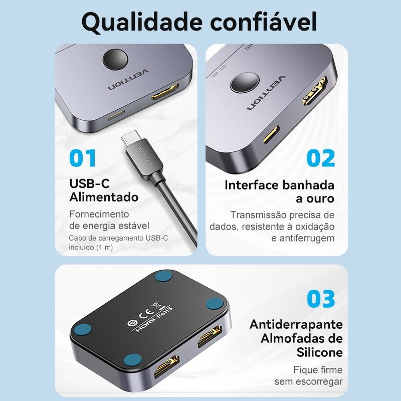 Divisor de Sinal HDMI com Switch 2x1 Áudio Vídeo UHD 8K 60Hz - Vention - Imagem 8