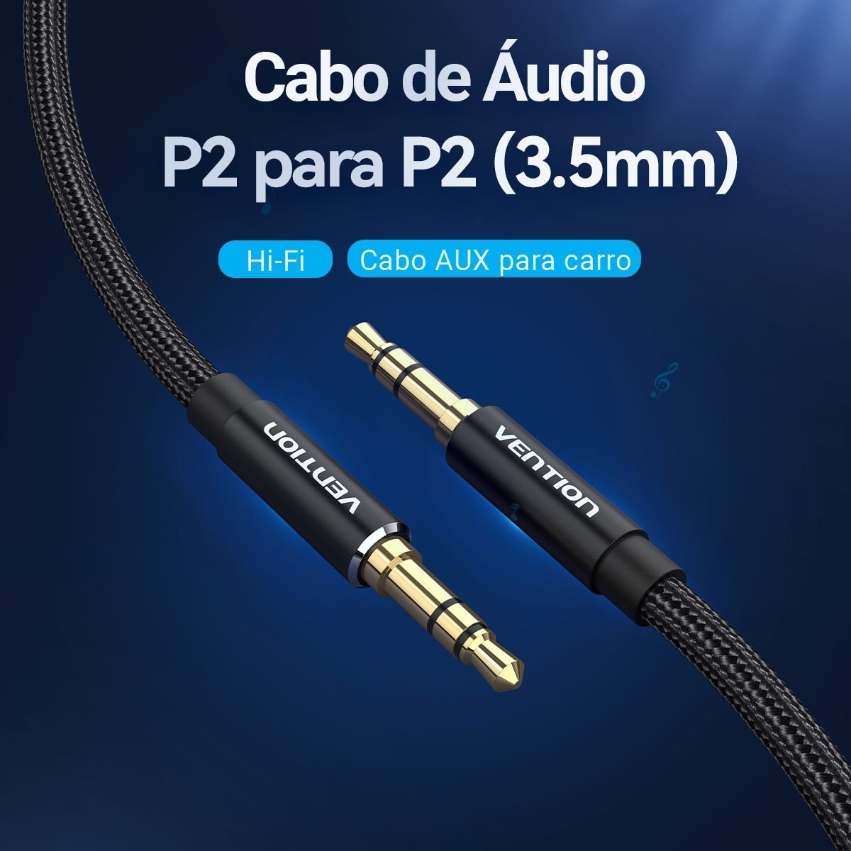 Cabo Auxiliar P2 x P2 Estéreo Hifi Banhado Ouro - Vention - Imagem 2