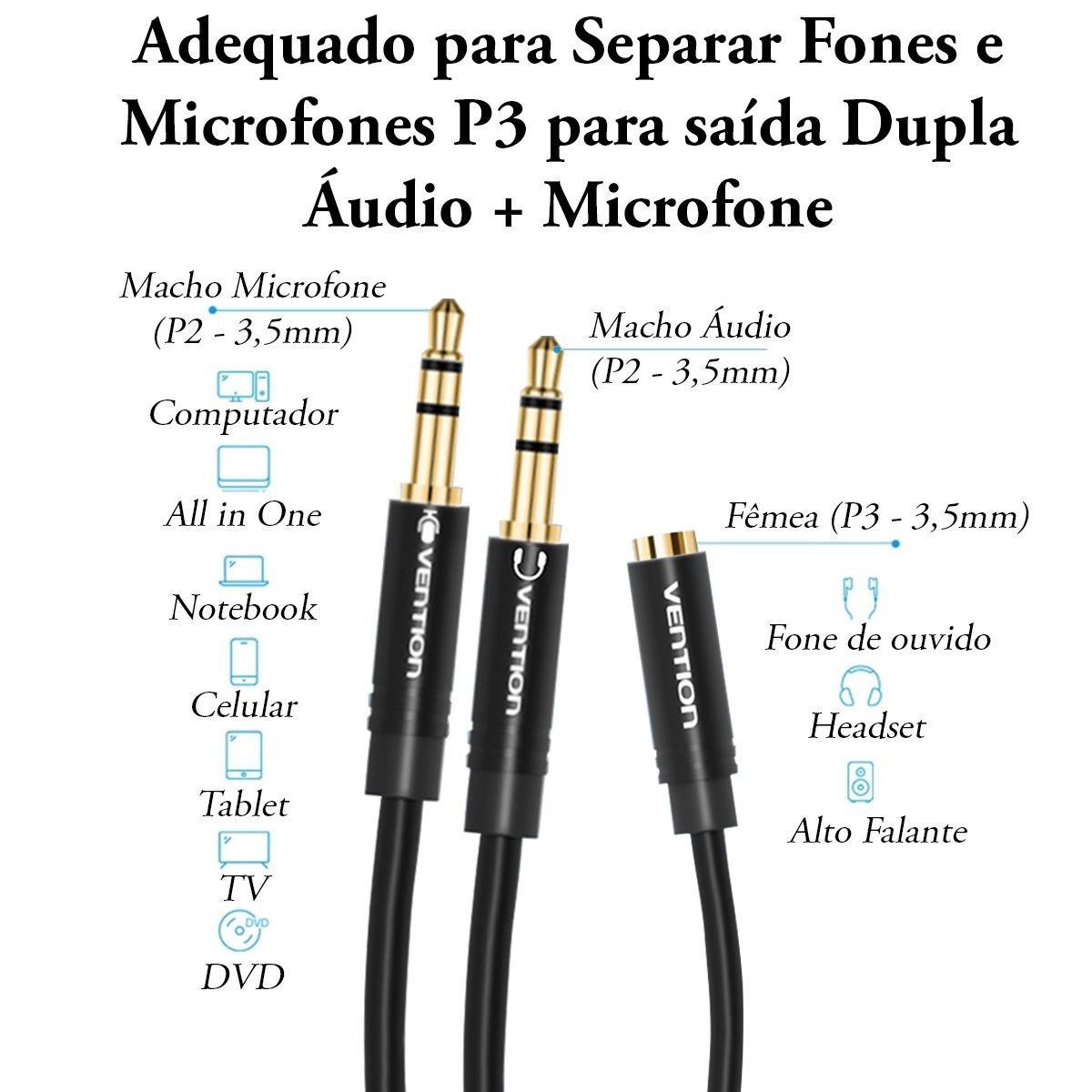 Cabo Adaptador P3 Fêmea para 2 P2 Fone e Microfone - Vention - Imagem 3