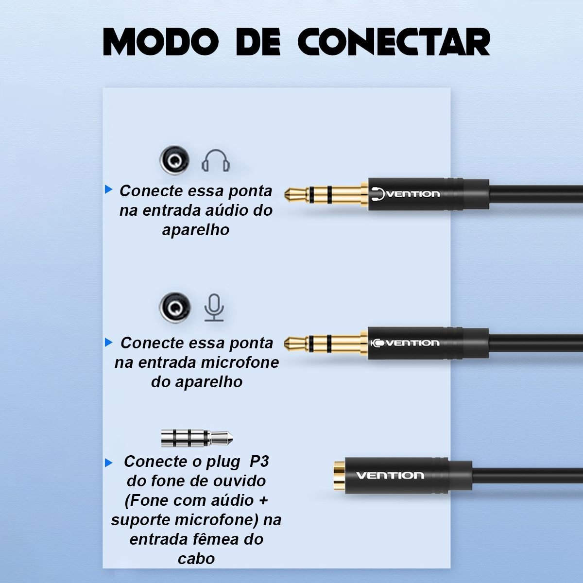 Cabo Adaptador P3 Fêmea para 2 P2 Fone e Microfone - Vention - Imagem 7