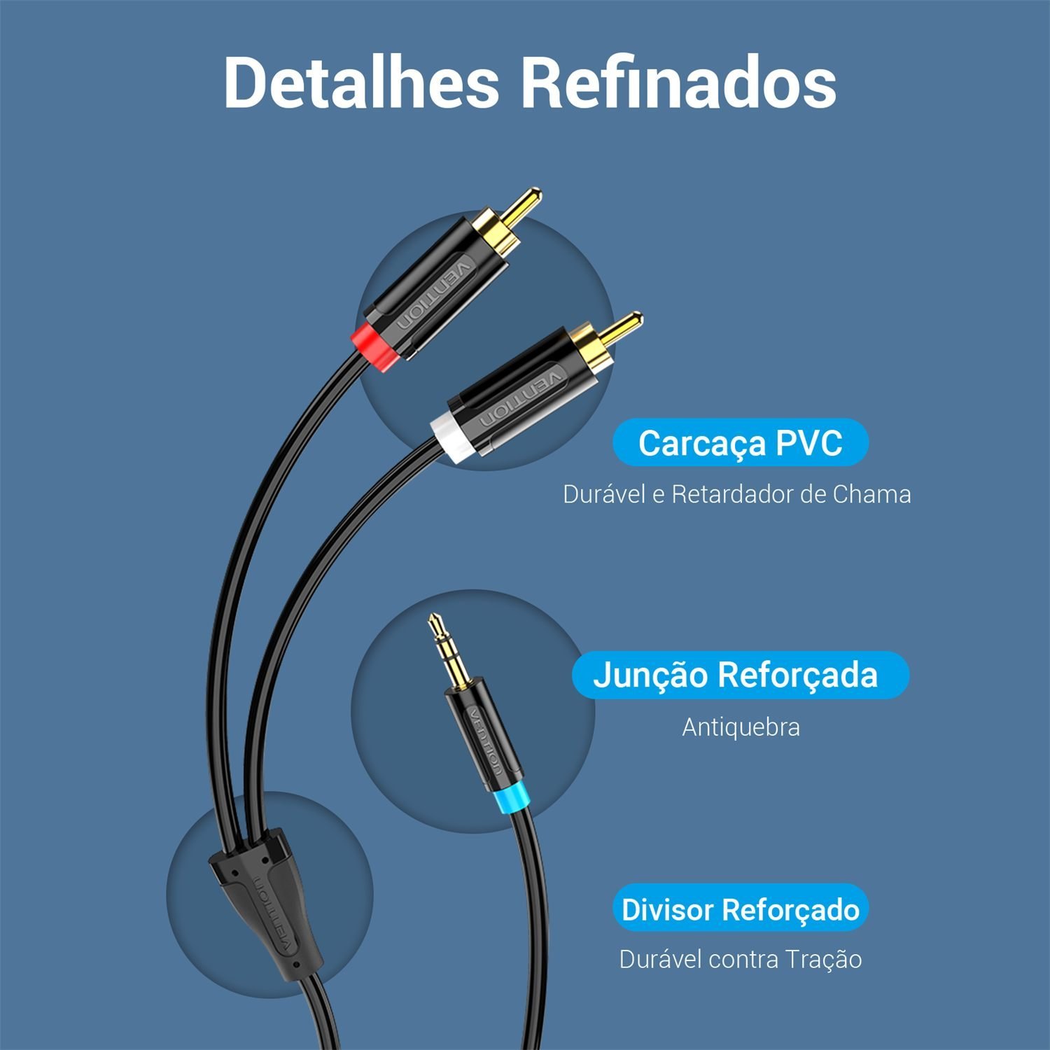 Cabo Auxiliar Áudio P2 Estéreo para 2 RCA Som DJ BCL - Vention - Imagem 3