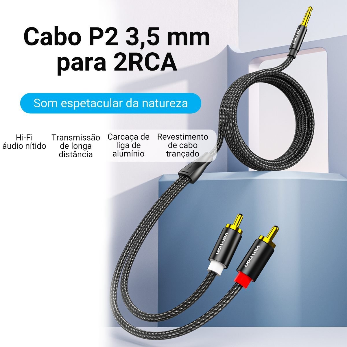Cabo Auxiliar Áudio P2 Estéreo para RCA Som DJ - Vention - Imagem 2
