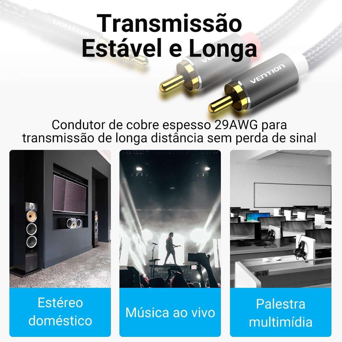 Cabo Auxiliar Áudio P2 Estéreo para RCA Som DJ - Vention - Imagem 4