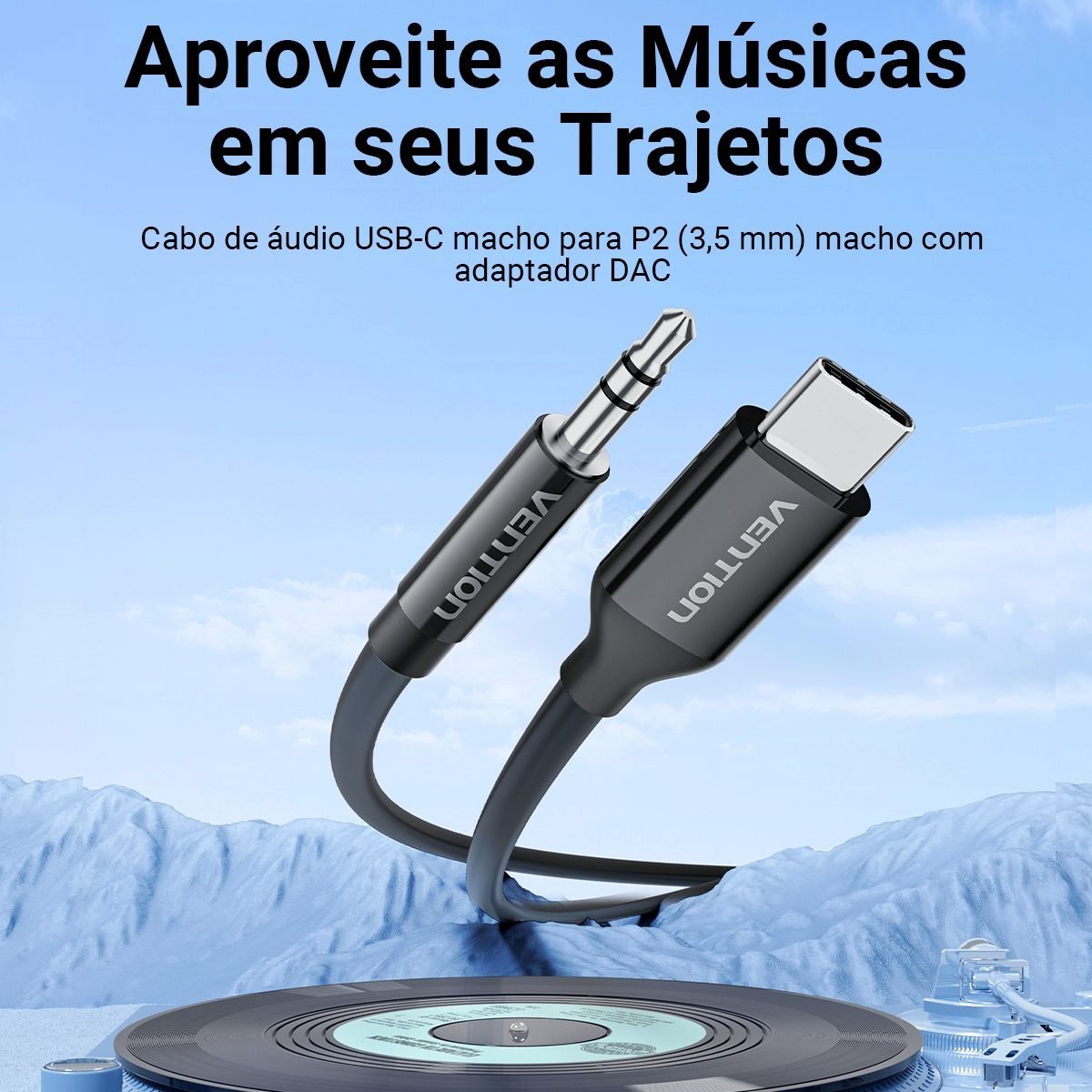 Cabo Celular Tipo C para Auxiliar P2 Carro Som - Vention - Imagem 2