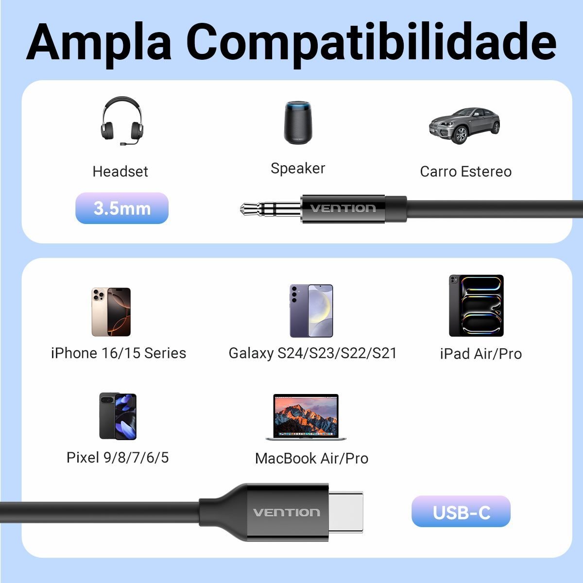 Cabo Celular Tipo C para Auxiliar P2 Carro Som - Vention - Imagem 5