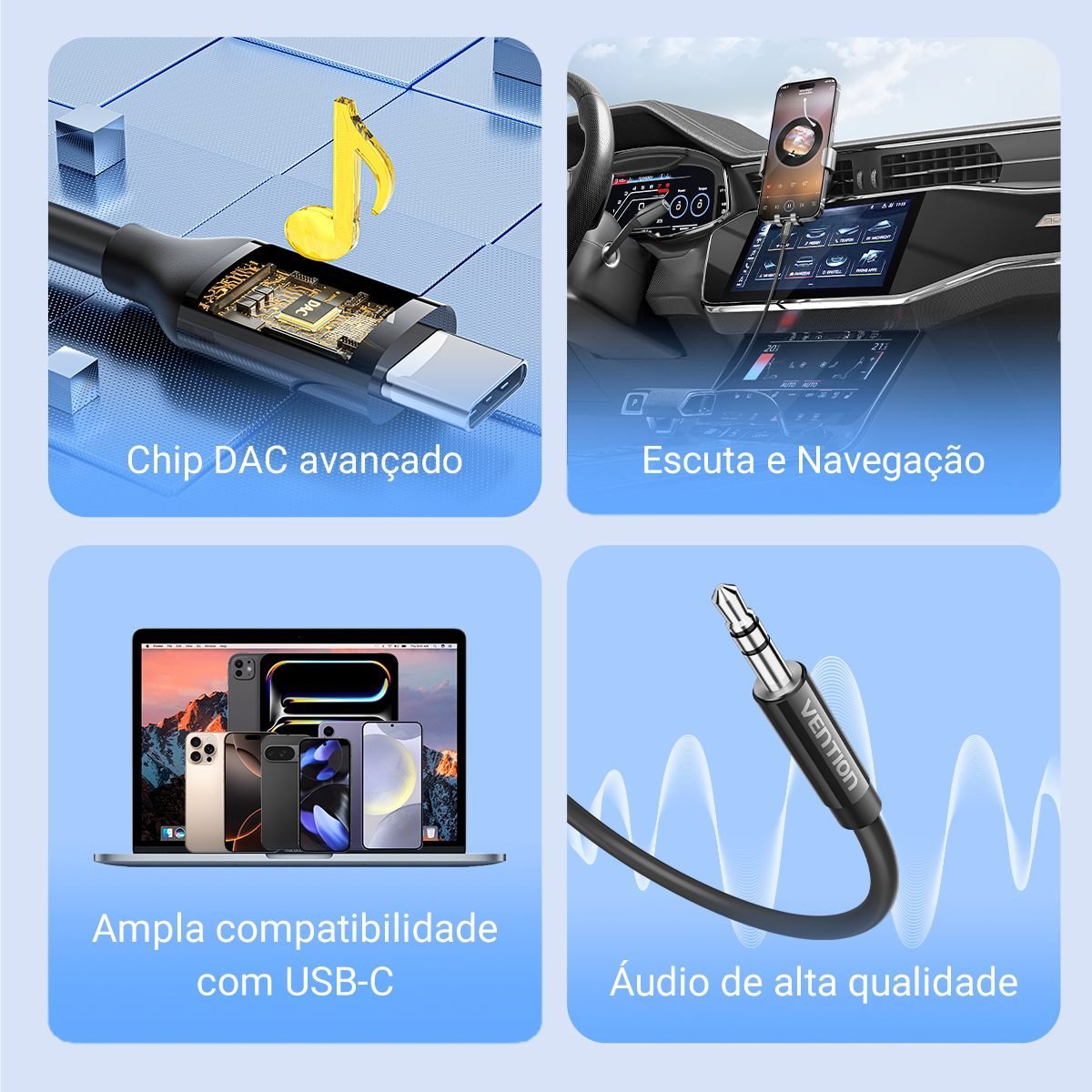 Cabo Celular Tipo C para Auxiliar P2 Carro Som - Vention - Imagem 6
