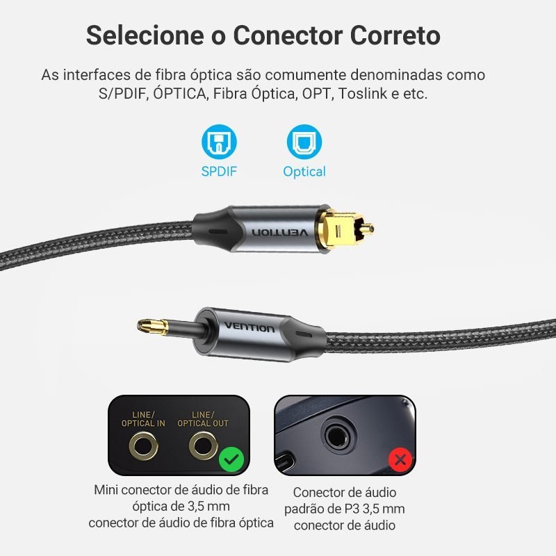 Cabo Óptico Áudio Digital Toslink x Mini Toslink - Vention - Imagem 4