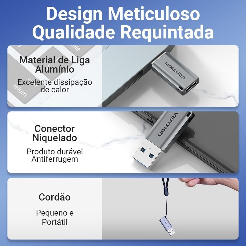 Adaptador OTG USB 3.0 Macho para USB Tipo C Fêmea - Vention - Imagem 5