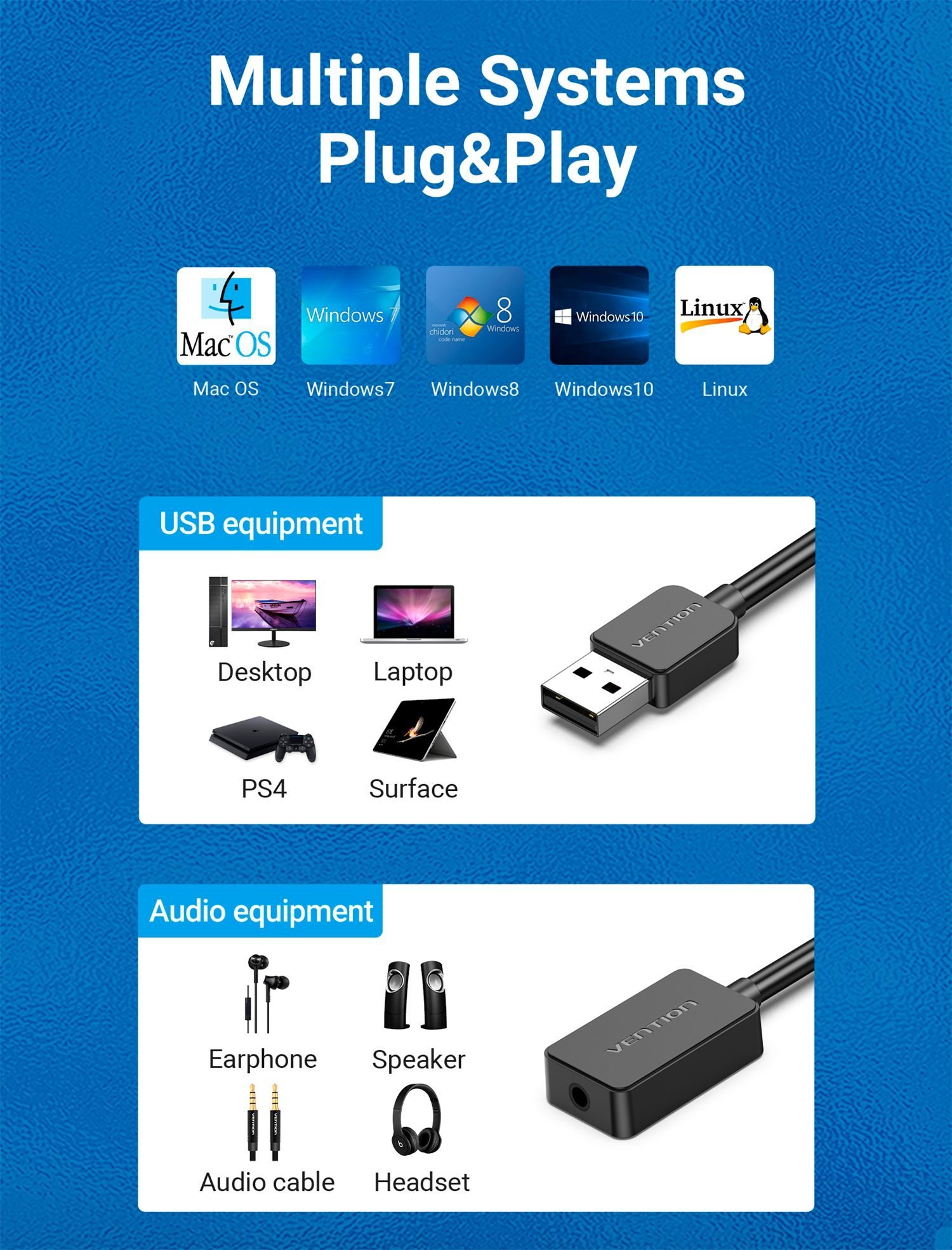 Adaptador USB para P3 Fone Microfone Placa Som CDZ - Vention - Imagem 8