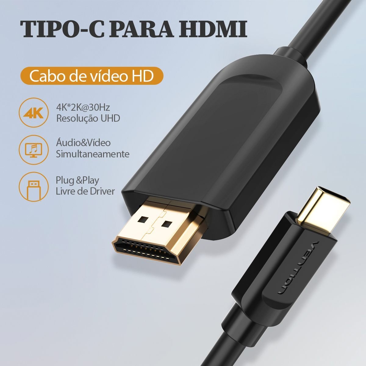 Cabo Tipo C Macho para HDMI Macho Resolução 4K na Cor Preta - Vention - Imagem 2