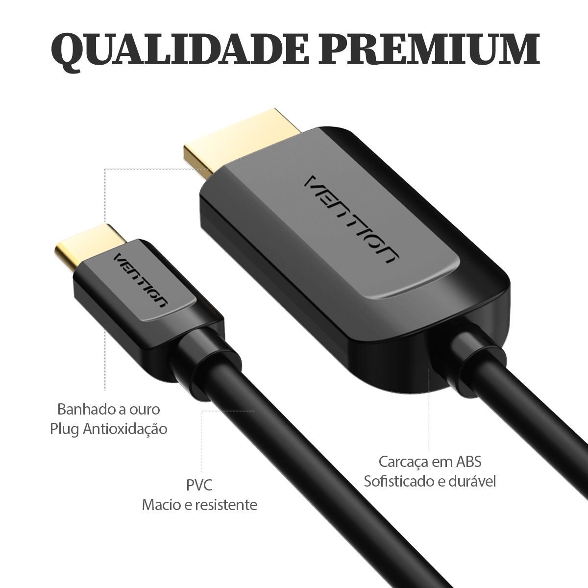 Cabo Tipo C Macho para HDMI Macho Resolução 4K na Cor Preta - Vention - Imagem 3