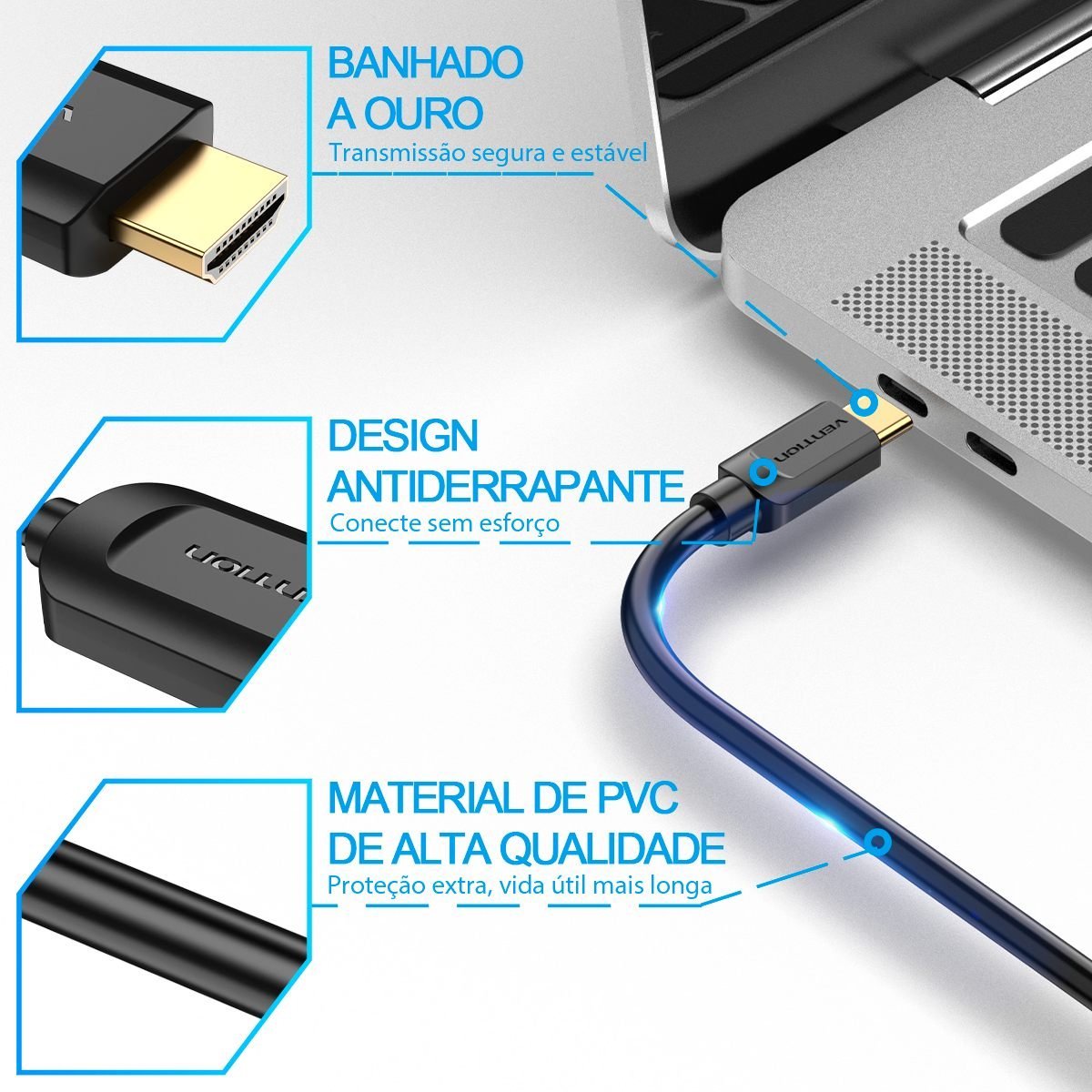 Cabo Tipo C Macho para HDMI Macho Resolução 4K na Cor Preta - Vention - Imagem 4
