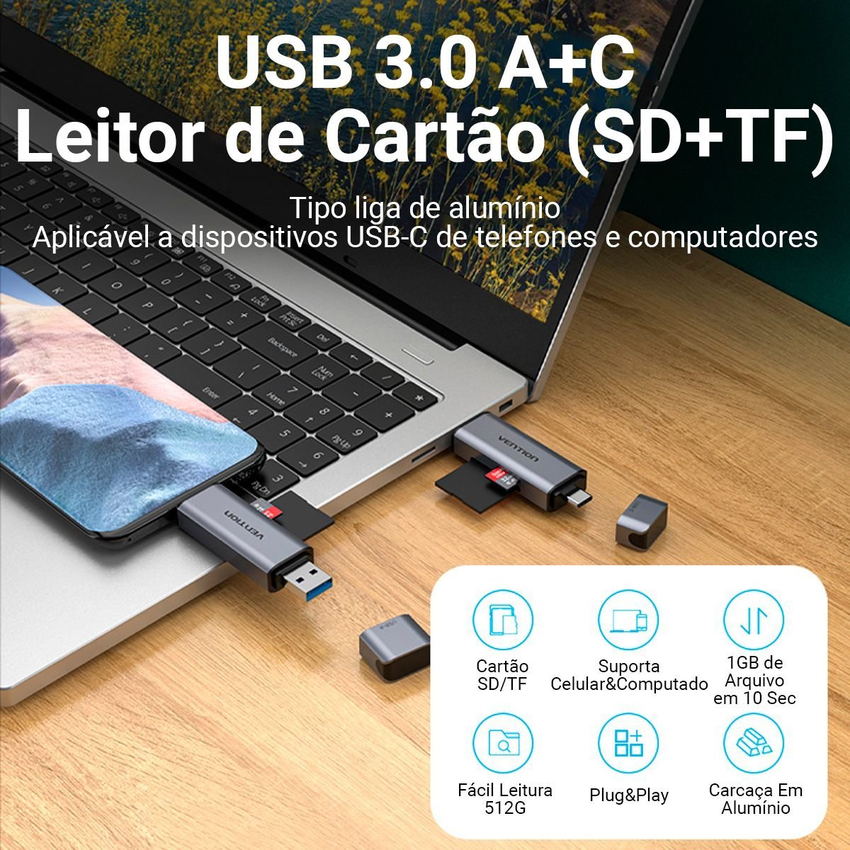 Leitor de Cartão USB para SD + TF Simultâneo 5 Gbps - Vention - Imagem 2